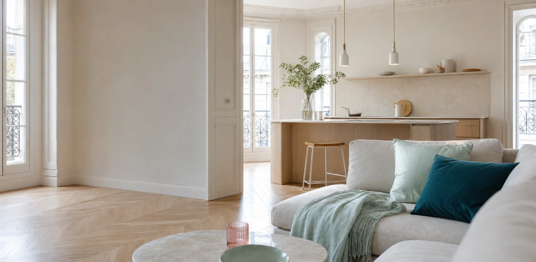 Intérieur lumineux et soigneusement nettoyé, aux tons naturels, bleu pétrole et menthe